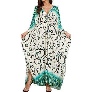 Womens Beige & Black Floral V-Neck Batwing Sleeves Summer Cover Up Kaftan Dress